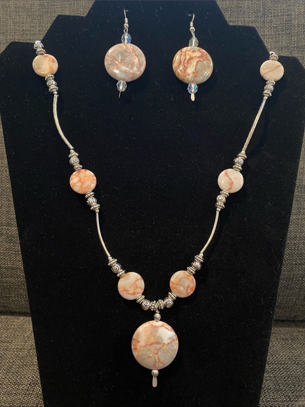 Handcrafted 20 inch Orange Marble Stone Necklace & Earring Set NWOT.
